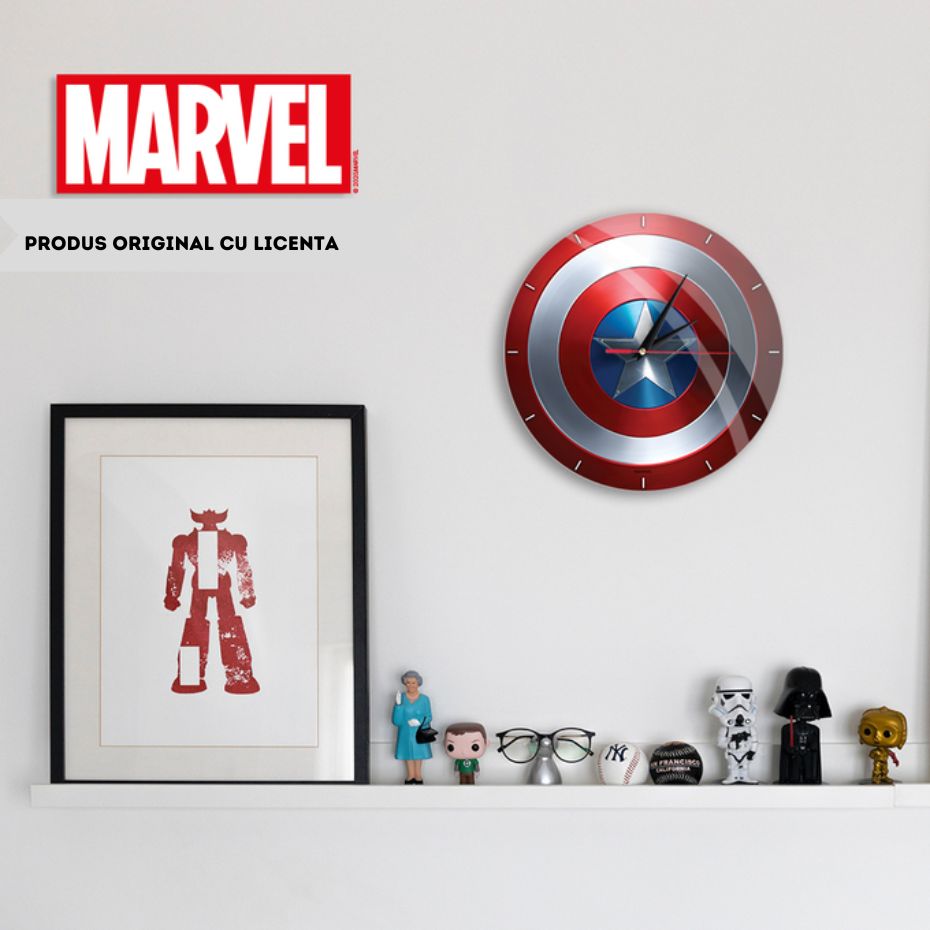 Ceas de Perete Captain America Scut din Sticla - Design Premium, Licenta Oficiala Marvel, Cadoul Perfect pentru Fanii Avengers